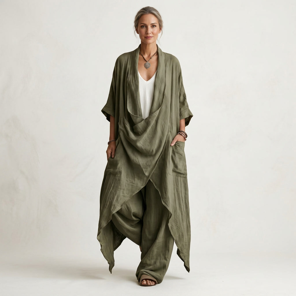 Cathy | Draped Open-Front Kimono & Wide-Leg Pant Set