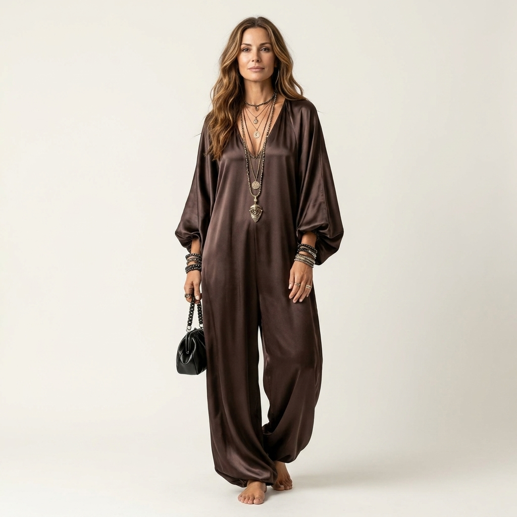 Meyna | Satin V-Neck Batwing Sleeve Draped Jumpsuit