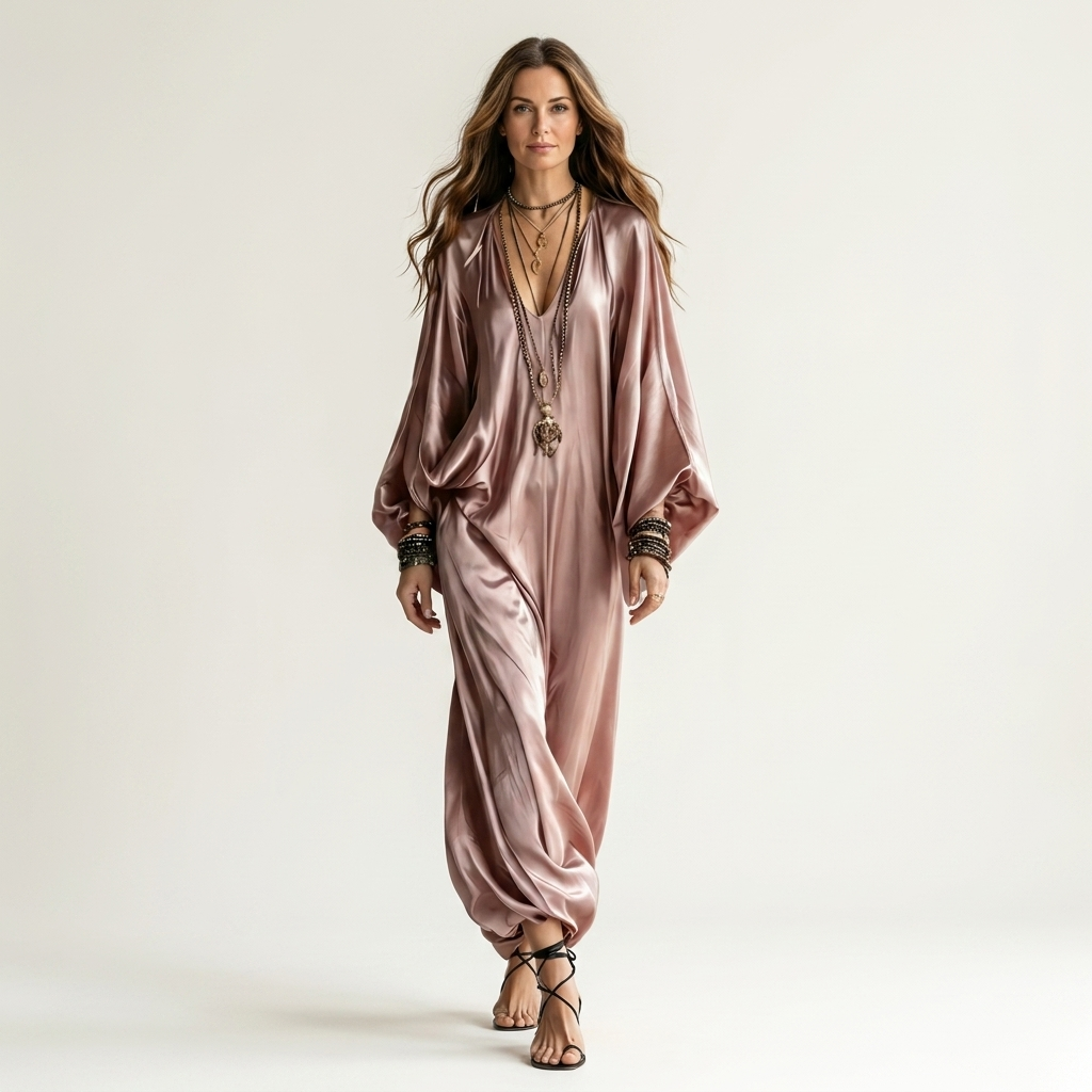 Meyna | Satin V-Neck Batwing Sleeve Draped Jumpsuit