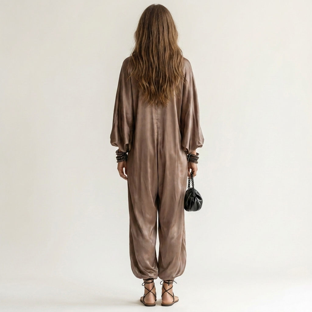 Meyna | Satin V-Neck Batwing Sleeve Draped Jumpsuit