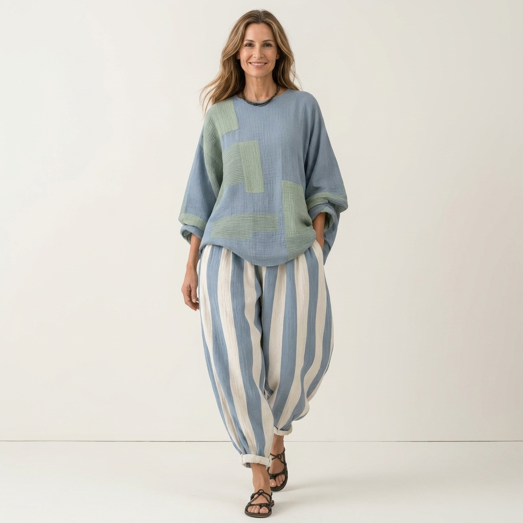 Avery | Patchwork Colorblock Top & Striped Wide-Leg Pants Two-Piece Set