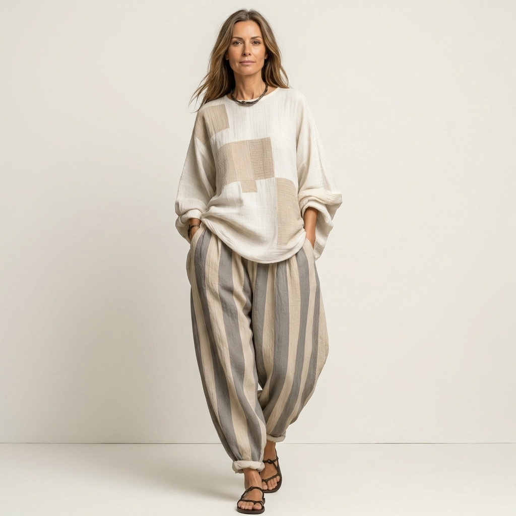 Avery | Patchwork Colorblock Top & Striped Wide-Leg Pants Two-Piece Set