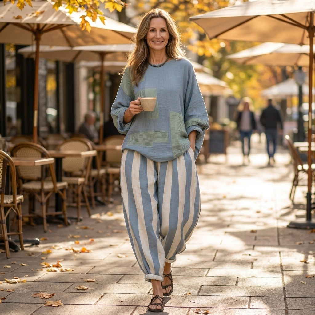 Avery | Patchwork Colorblock Top & Striped Wide-Leg Pants Two-Piece Set