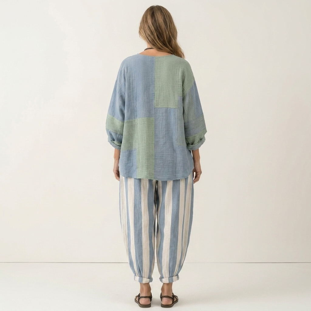 Avery | Patchwork Colorblock Top & Striped Wide-Leg Pants Two-Piece Set