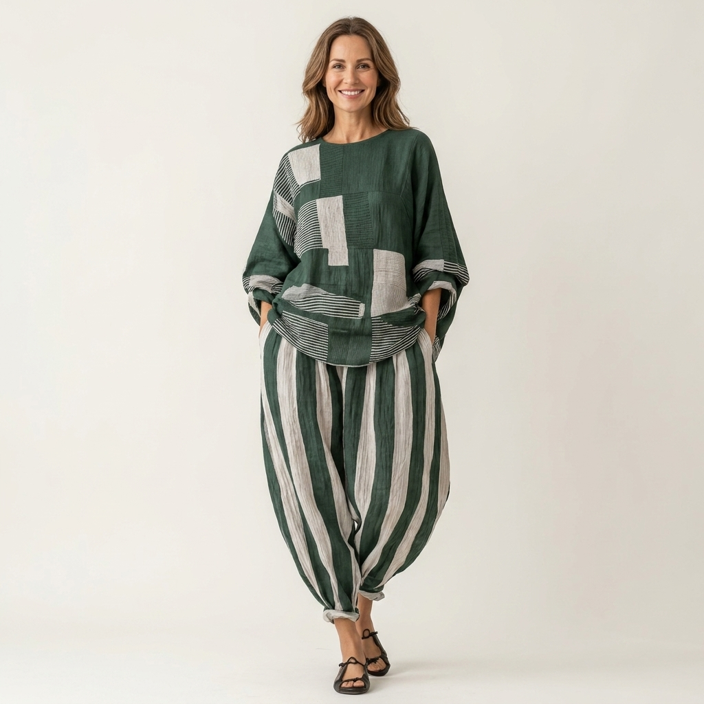 Avery | Patchwork Colorblock Top & Striped Wide-Leg Pants Two-Piece Set