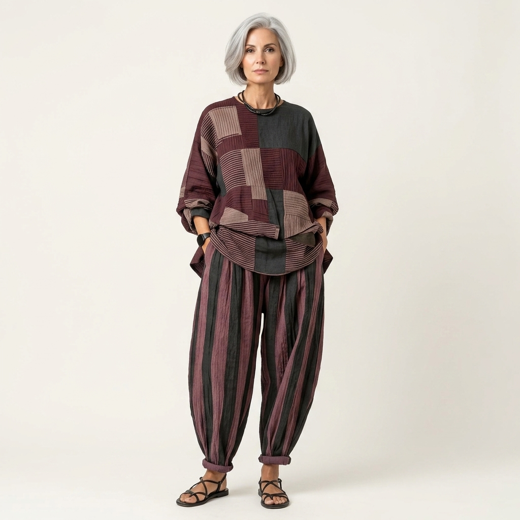 Avery | Patchwork Colorblock Top & Striped Wide-Leg Pants Two-Piece Set
