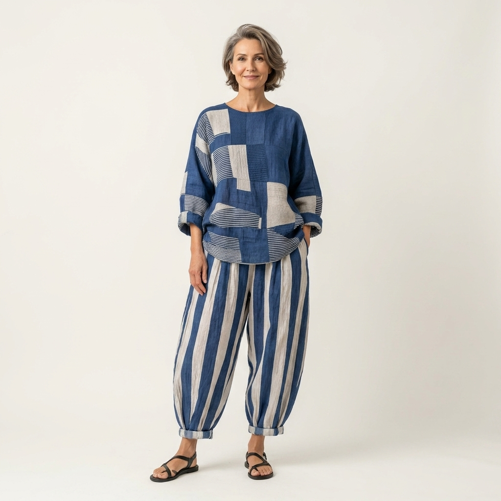 Avery | Patchwork Colorblock Top & Striped Wide-Leg Pants Two-Piece Set