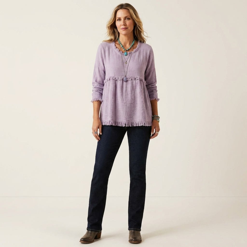 Rinea | Fringe-Trim Textured Babydoll Blouse