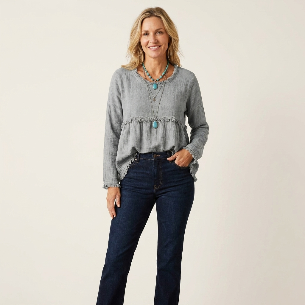 Rinea | Fringe-Trim Textured Babydoll Blouse