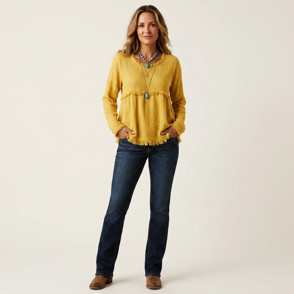 Rinea | Fringe-Trim Textured Babydoll Blouse