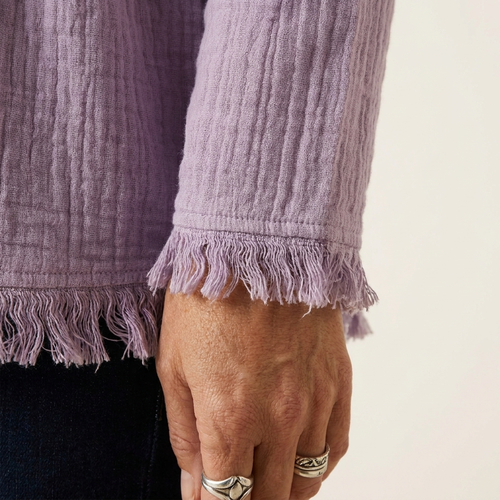 Rinea | Fringe-Trim Textured Babydoll Blouse