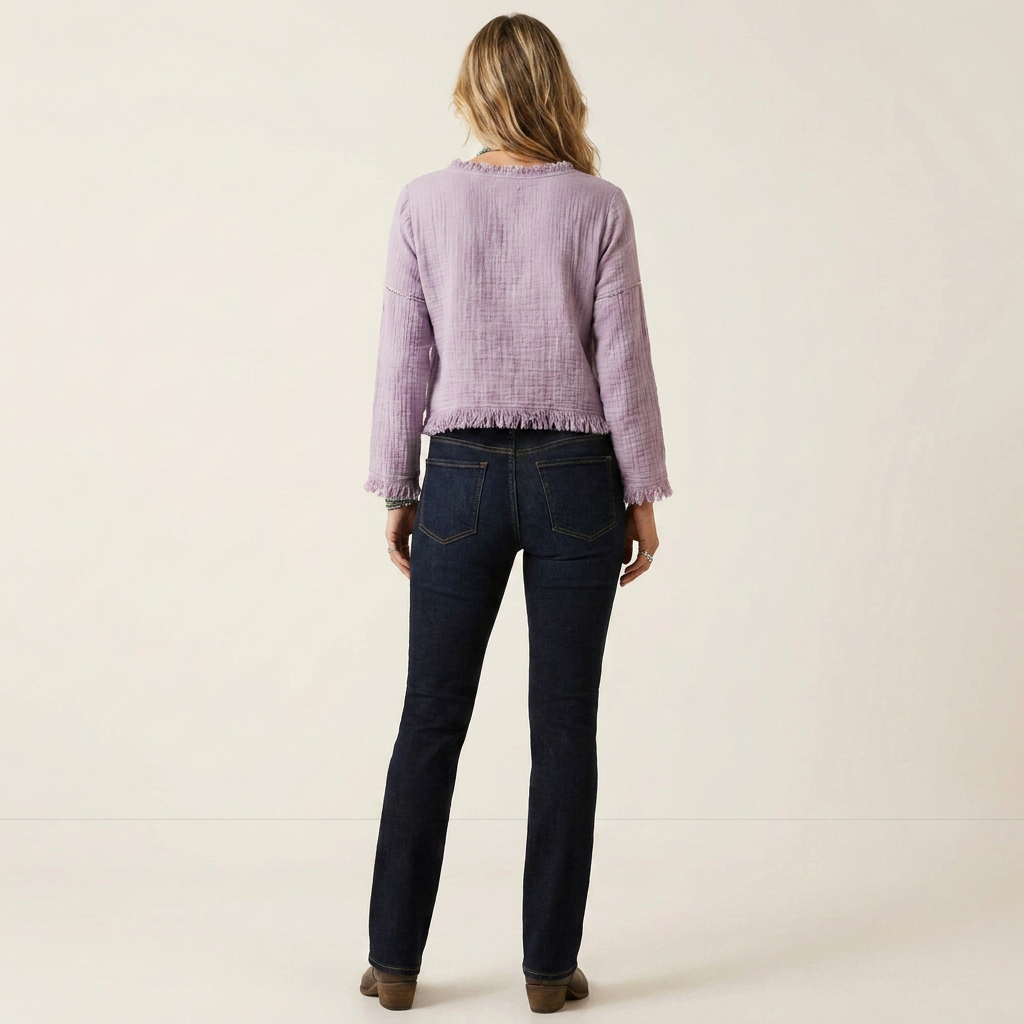 Rinea | Fringe-Trim Textured Babydoll Blouse