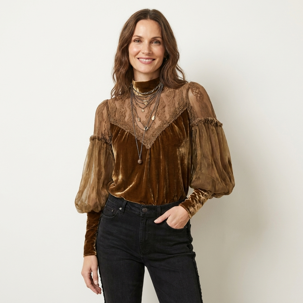 Liorina | Velvet & Sheer Lace Half-Collar Blouse