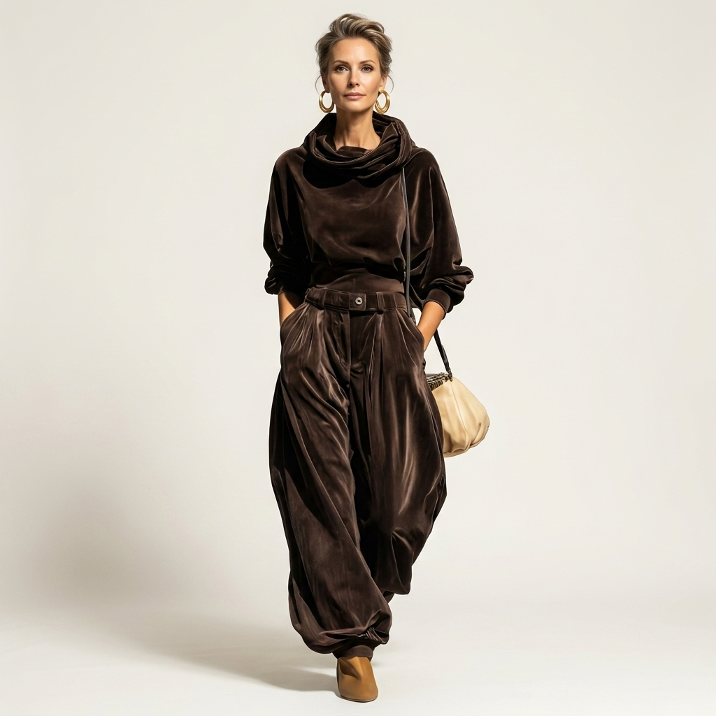 Mirelina | Velvet Cowl-Neck Top & Wide-Leg Pants Two-Piece Set