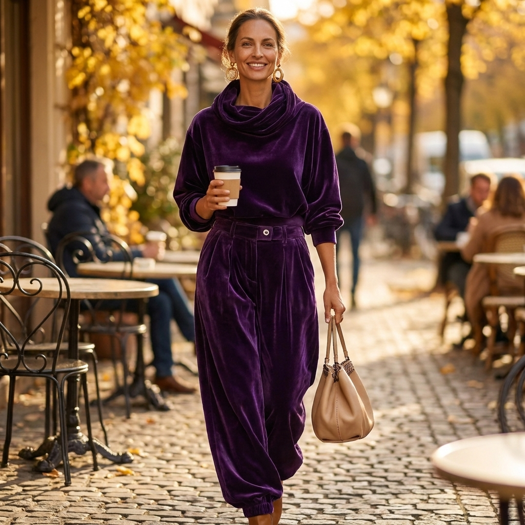 Mirelina | Velvet Cowl-Neck Top & Wide-Leg Pants Two-Piece Set