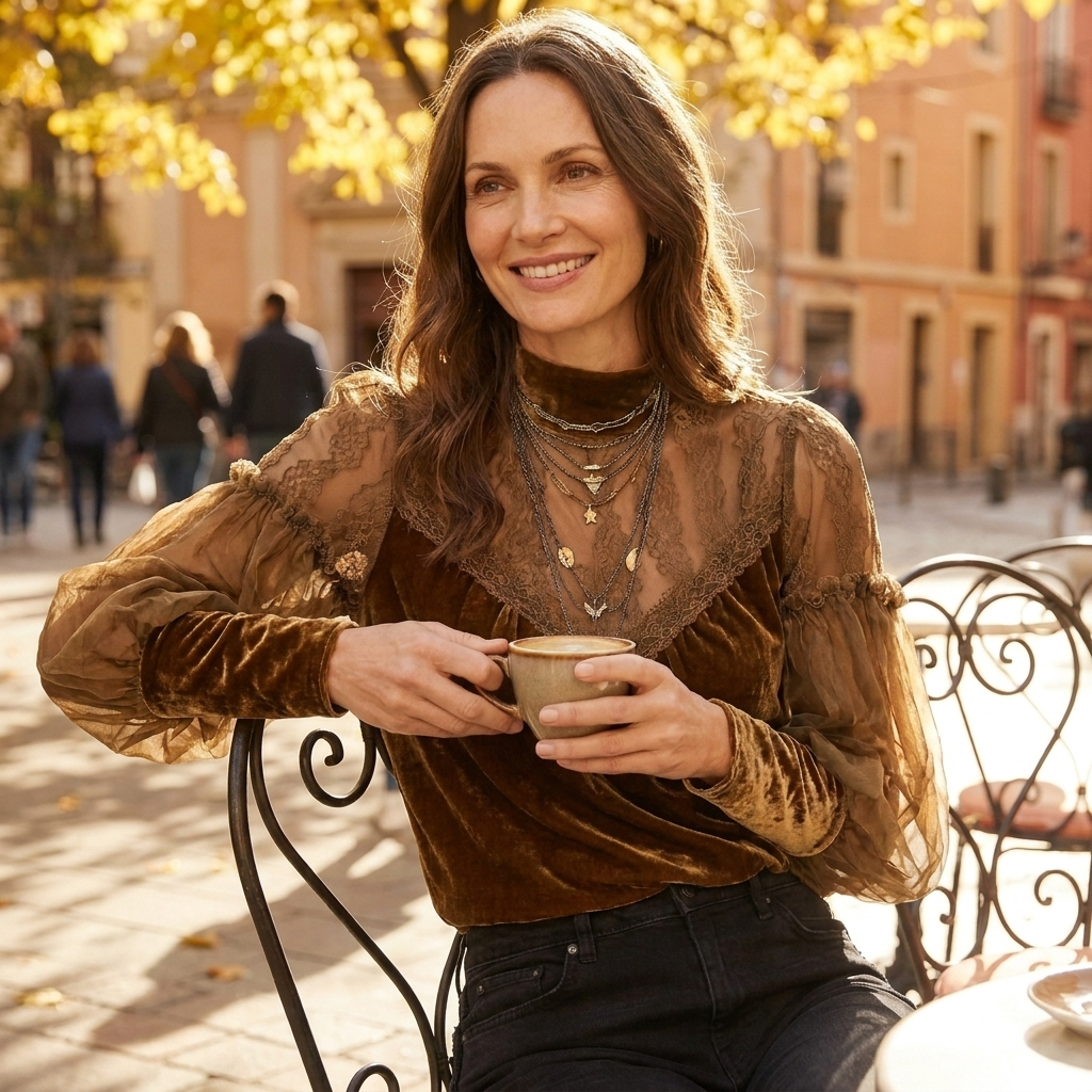 Liorina | Velvet & Sheer Lace Half-Collar Blouse