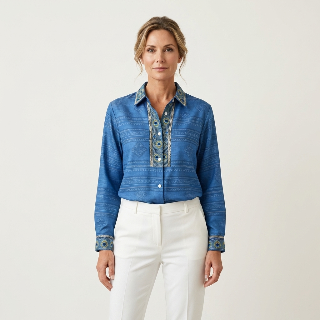 Delphine | Peacock Embroidered Placket Blouse