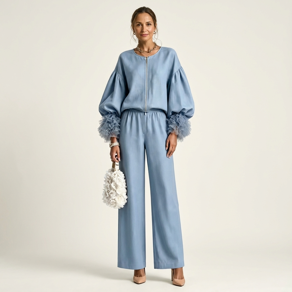 Mari | Feather-Cuff Puff Sleeve Two-Piece Set