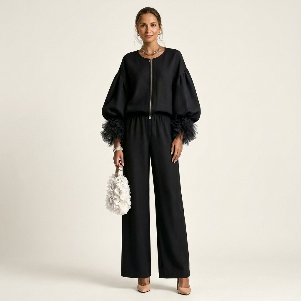 Mari | Feather-Cuff Puff Sleeve Two-Piece Set