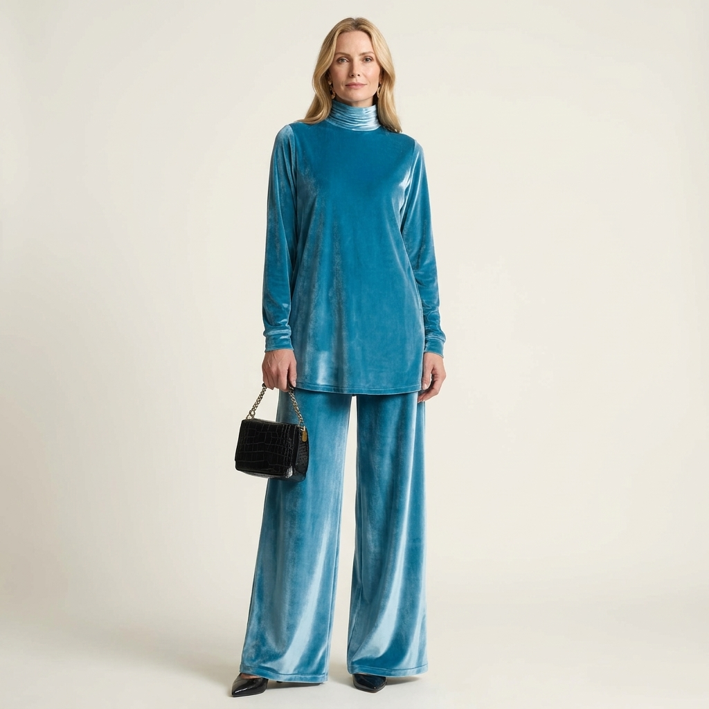 Alestria | Velvet Lounge Set With Turtleneck Top & Wide-Leg Pants