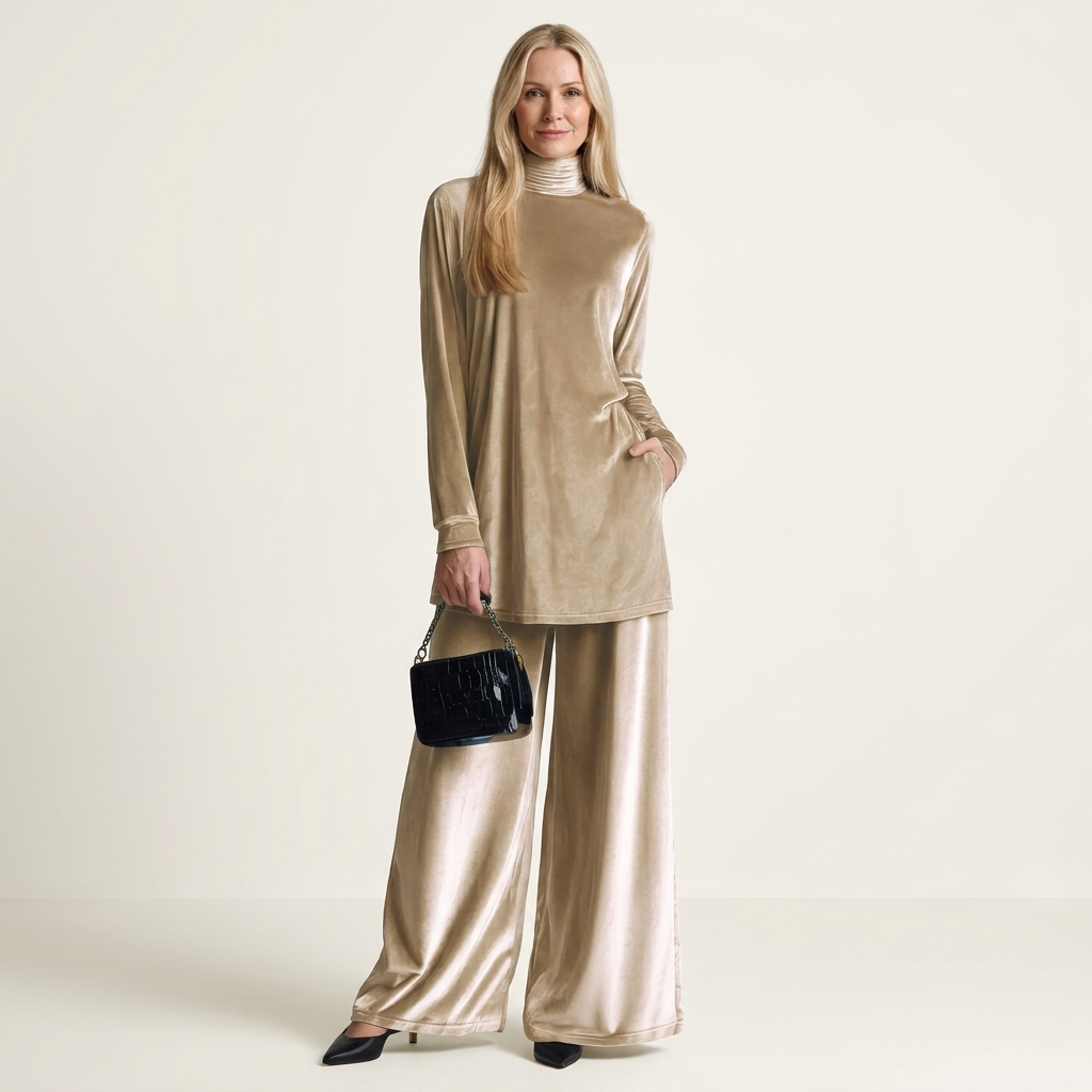 Alestria | Velvet Lounge Set With Turtleneck Top & Wide-Leg Pants