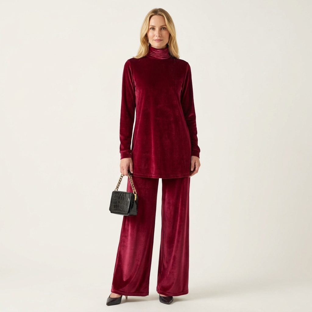 Alestria | Velvet Lounge Set With Turtleneck Top & Wide-Leg Pants