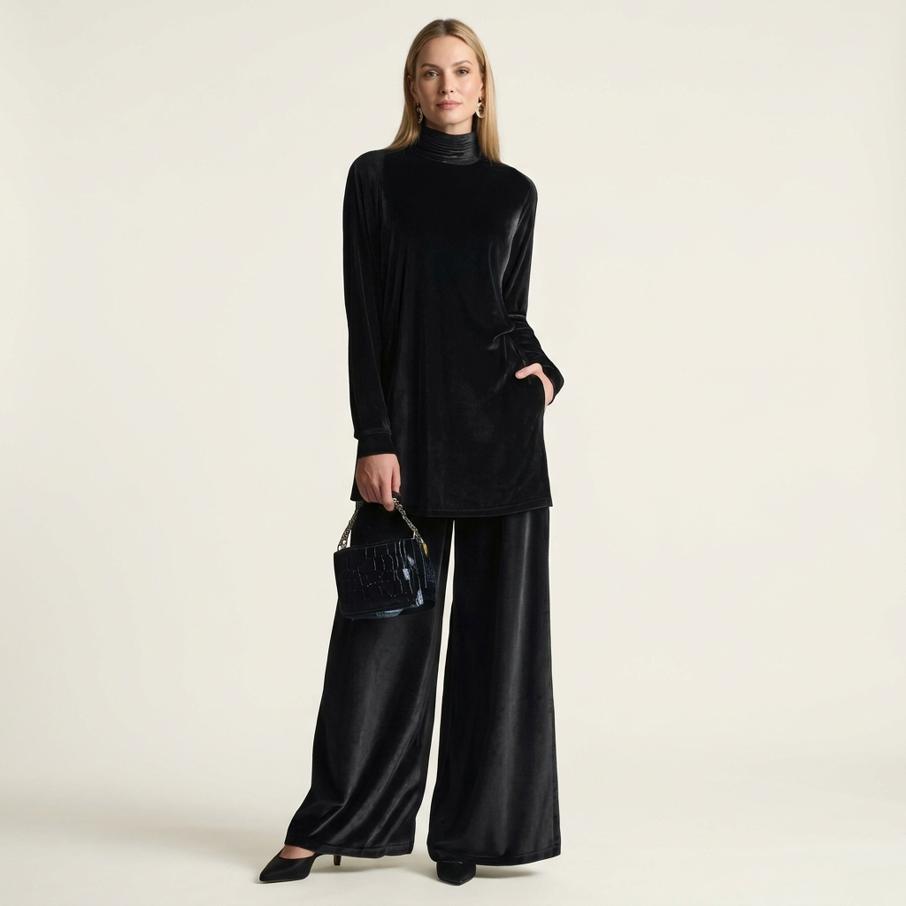 Alestria | Velvet Lounge Set With Turtleneck Top & Wide-Leg Pants