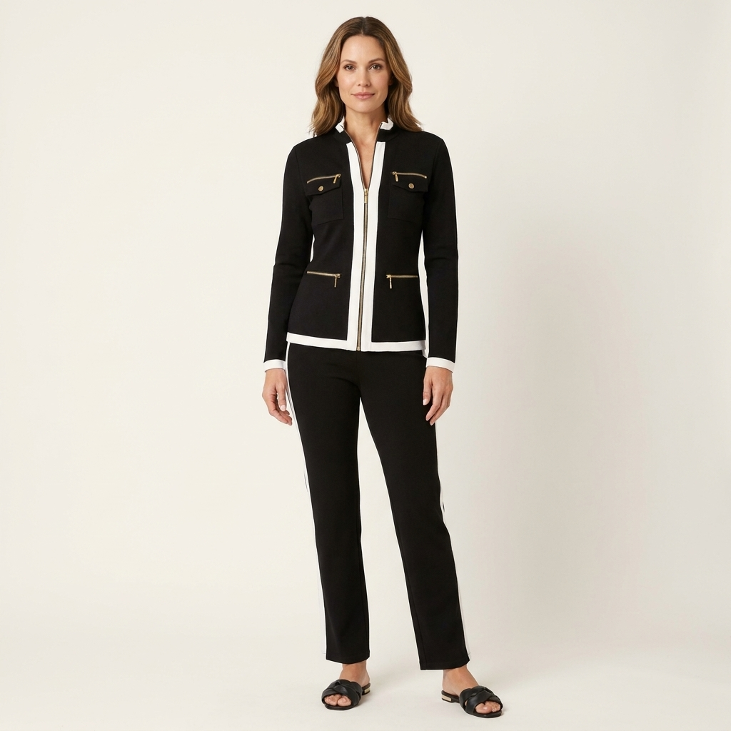 Alessia | Contrast-Trim Blazer & Trouser Set With Gold Detail