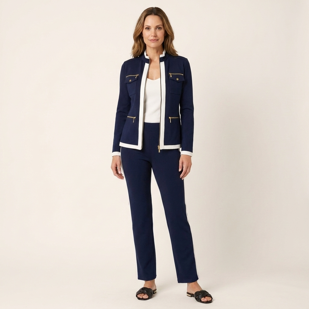 Alessia | Contrast-Trim Blazer & Trouser Set With Gold Detail