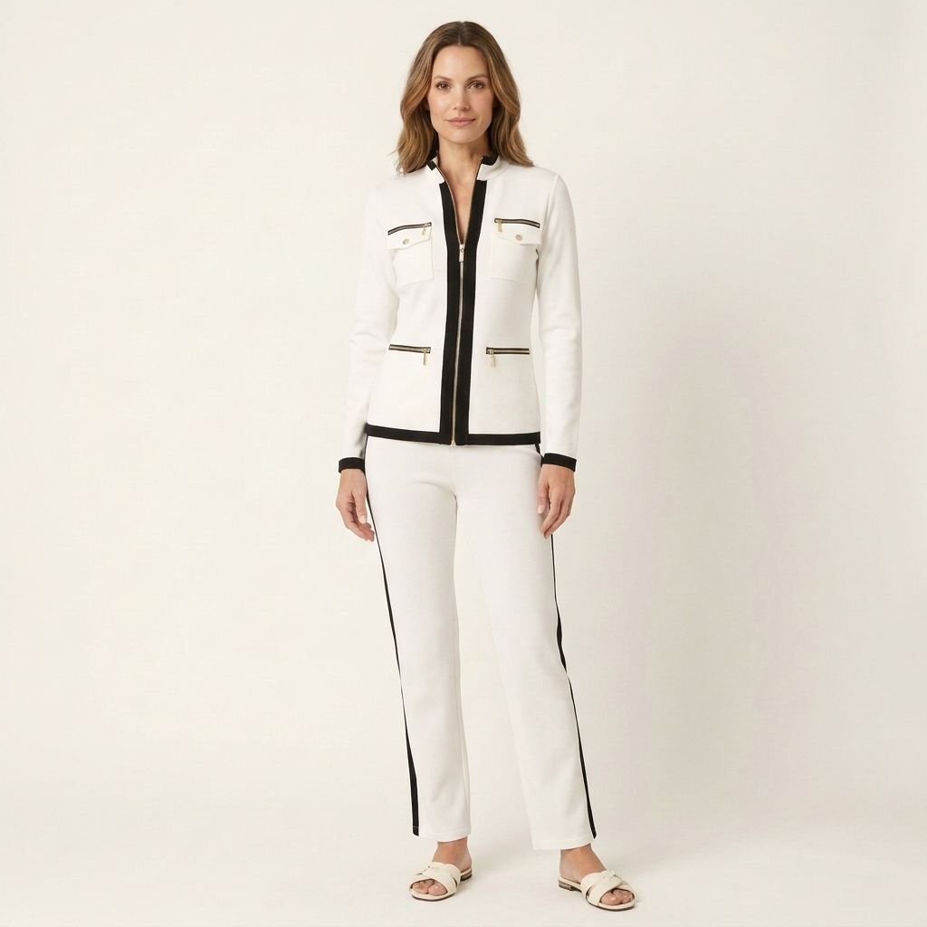 Alessia | Contrast-Trim Blazer & Trouser Set With Gold Detail