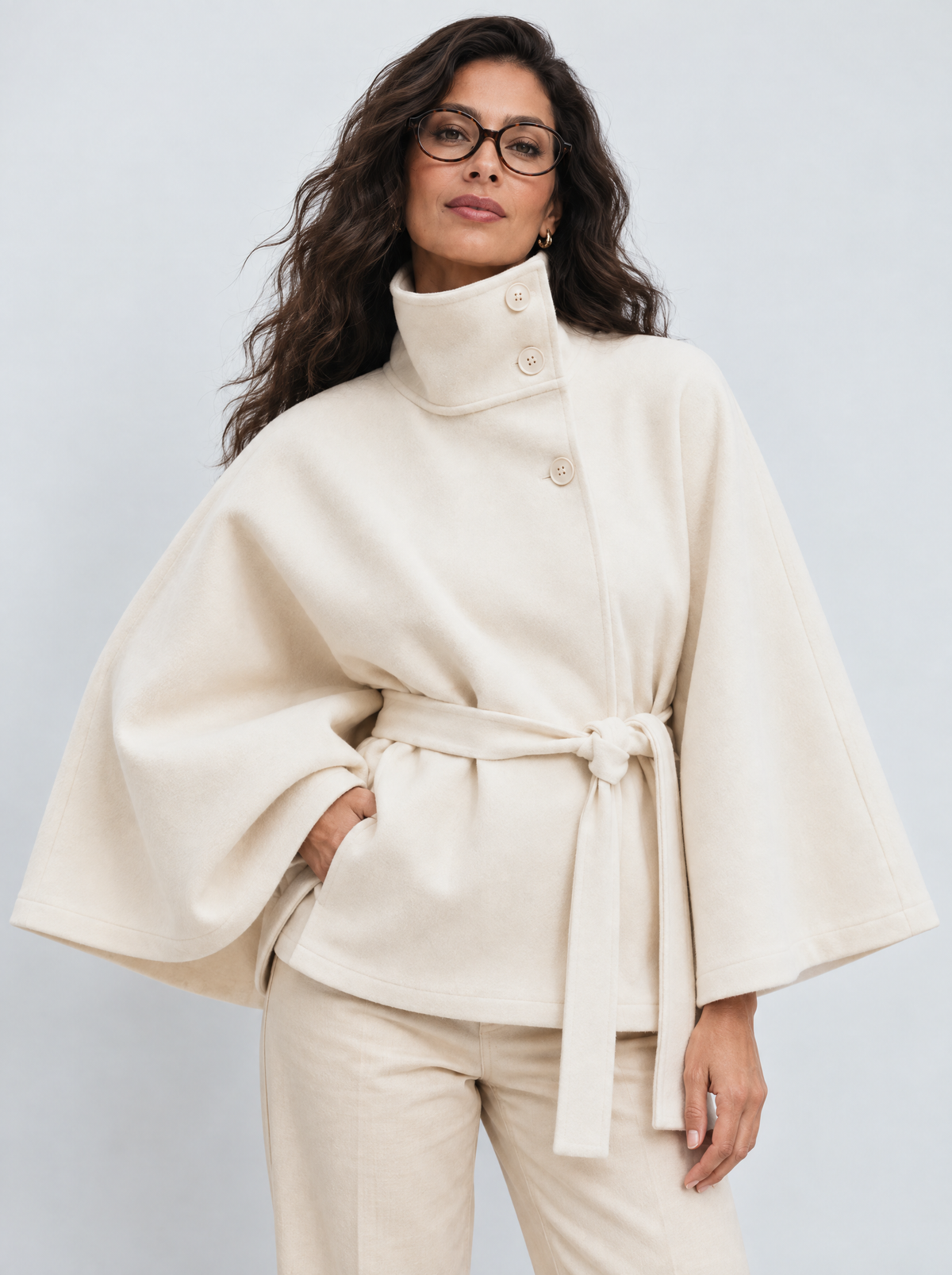 Nuvena | Wool Cape With High Neck & Belt