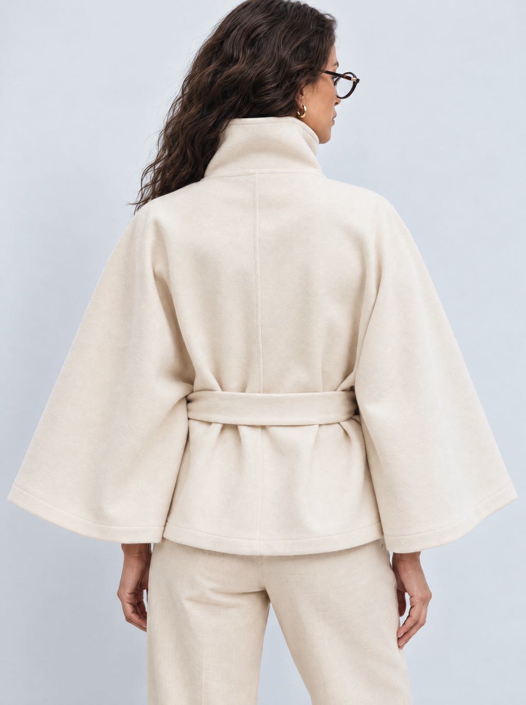 Nuvena | Wool Cape With High Neck & Belt