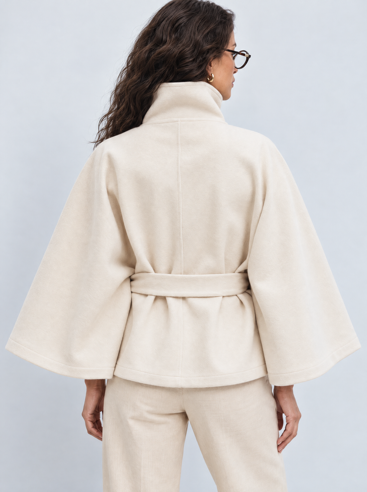 Nuvena | Wool Cape With High Neck & Belt