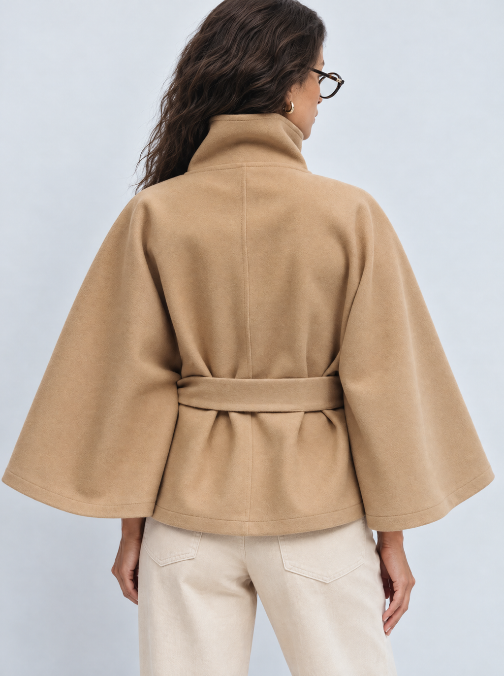 Nuvena | Wool Cape With High Neck & Belt