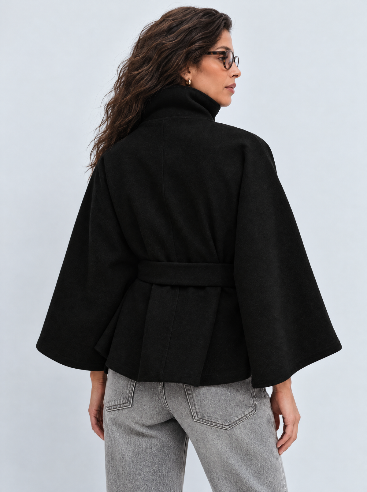 Nuvena | Wool Cape With High Neck & Belt