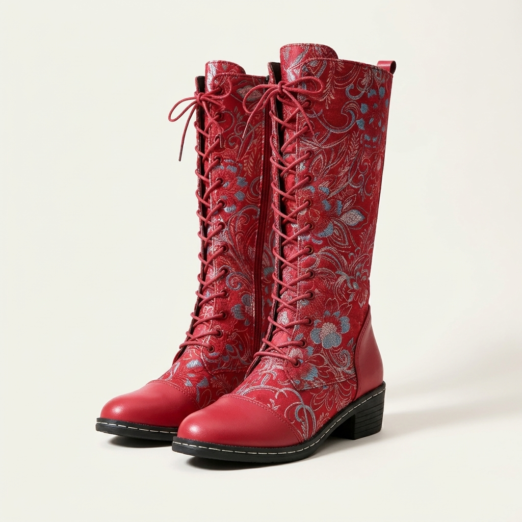 Lena | Floral Knee-High Lace-Up Boots With Side Zip