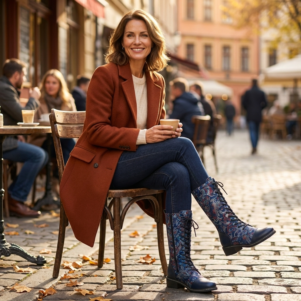 Lena | Floral Knee-High Lace-Up Boots With Side Zip