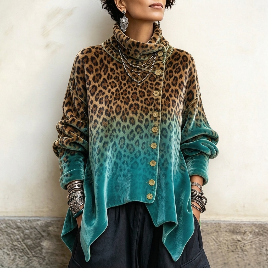 Elanor | Retro Animal Print Draped Velvet Cardigan