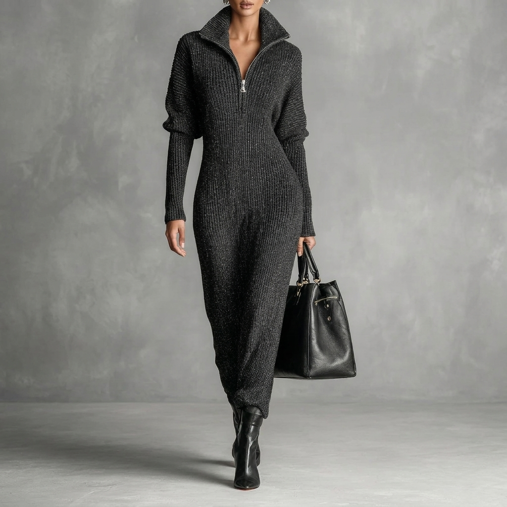 Lisa | Long Knit Dress With Zip Neckline