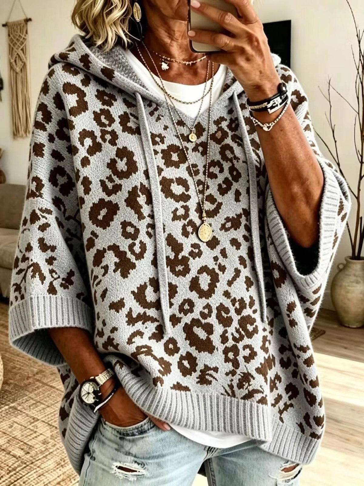 Eliora | Leopard High-Neck Poncho Sweater