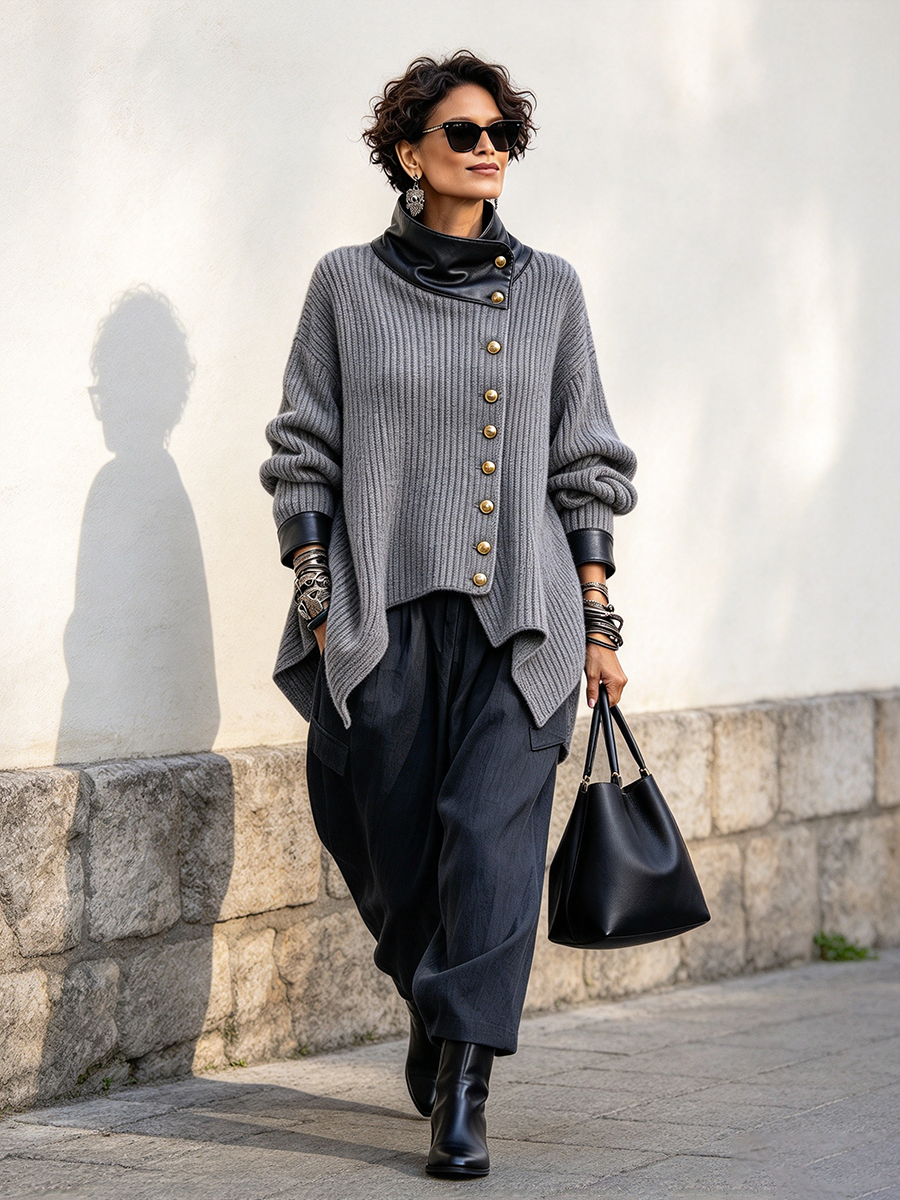 Oliviana | Faux Leather Trim Knit Cardigan Jacket