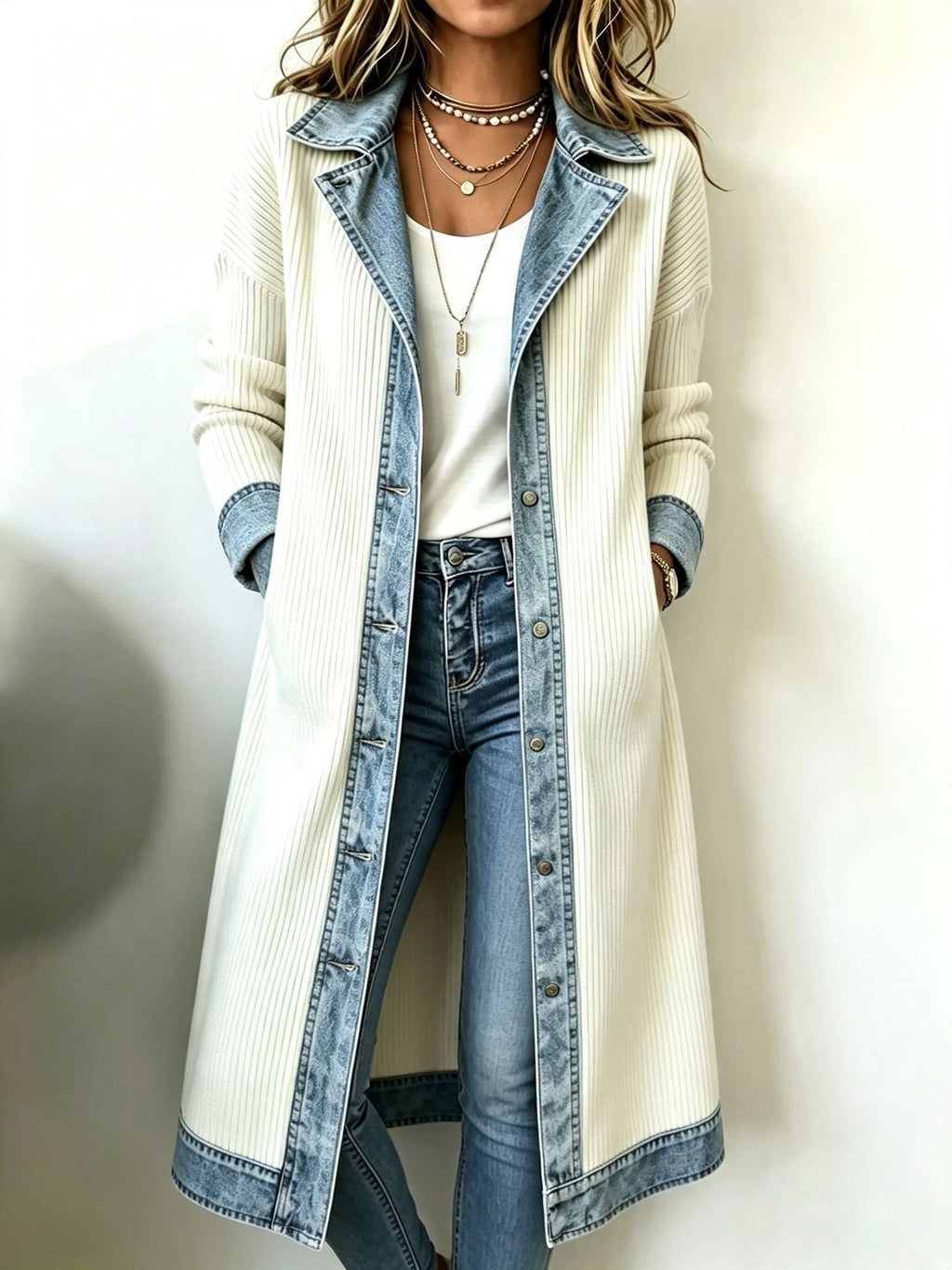 Belina | Long-Line Ribbed Knit Cardigan With Denim Trim