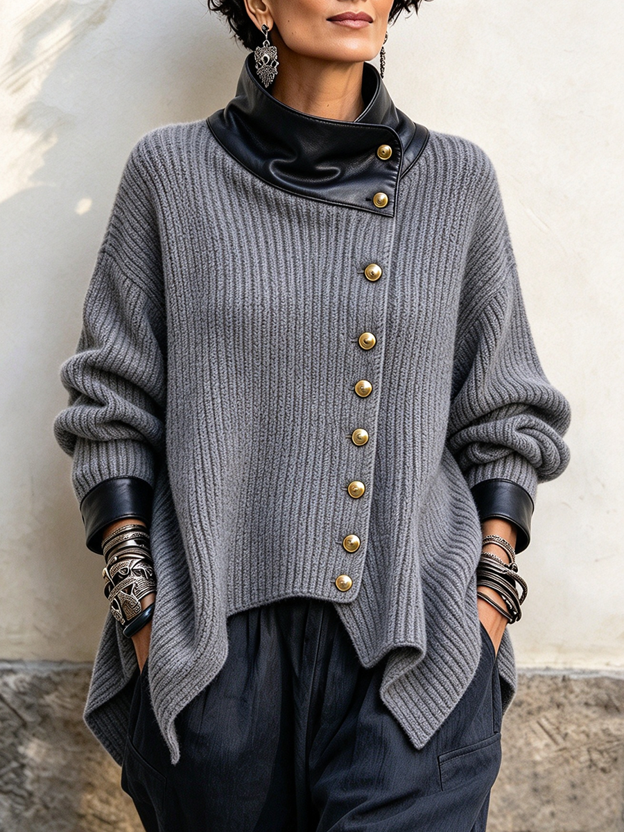 Oliviana | Faux Leather Trim Knit Cardigan Jacket