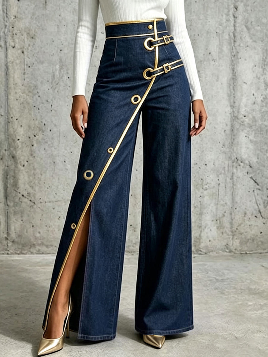 Tory | High-Waisted Wide-Leg Jeans With Gold Piping