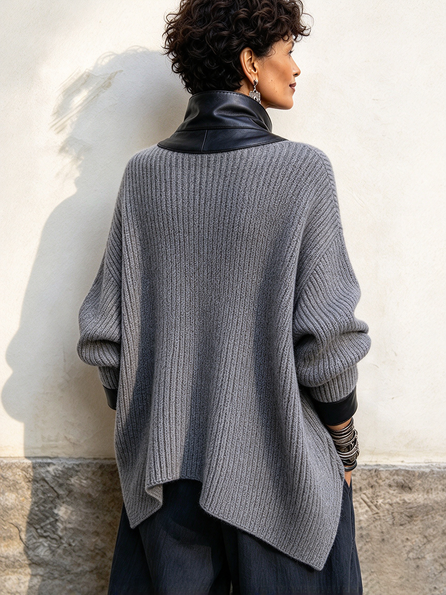 Oliviana | Faux Leather Trim Knit Cardigan Jacket