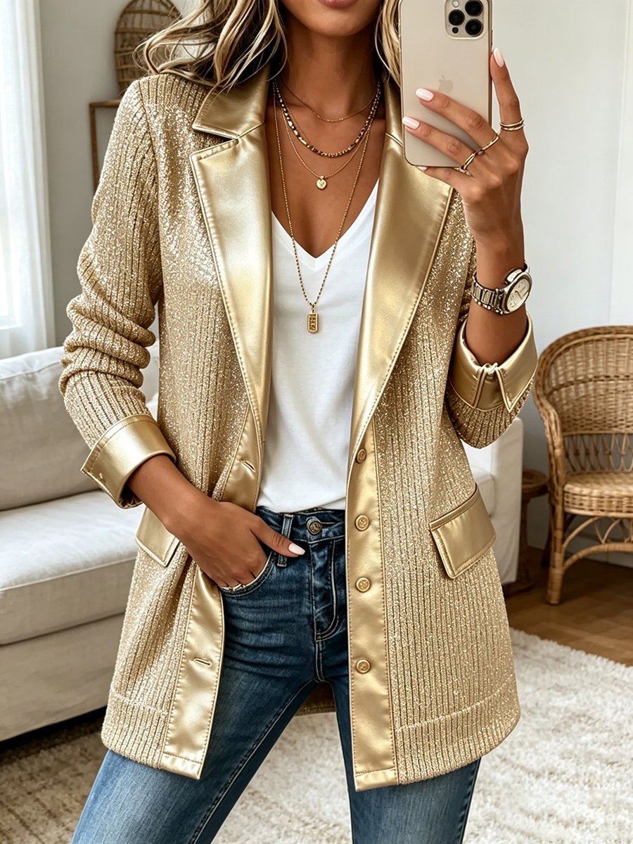 Emily | Metallic Knit Blazer With Faux Leather Trim