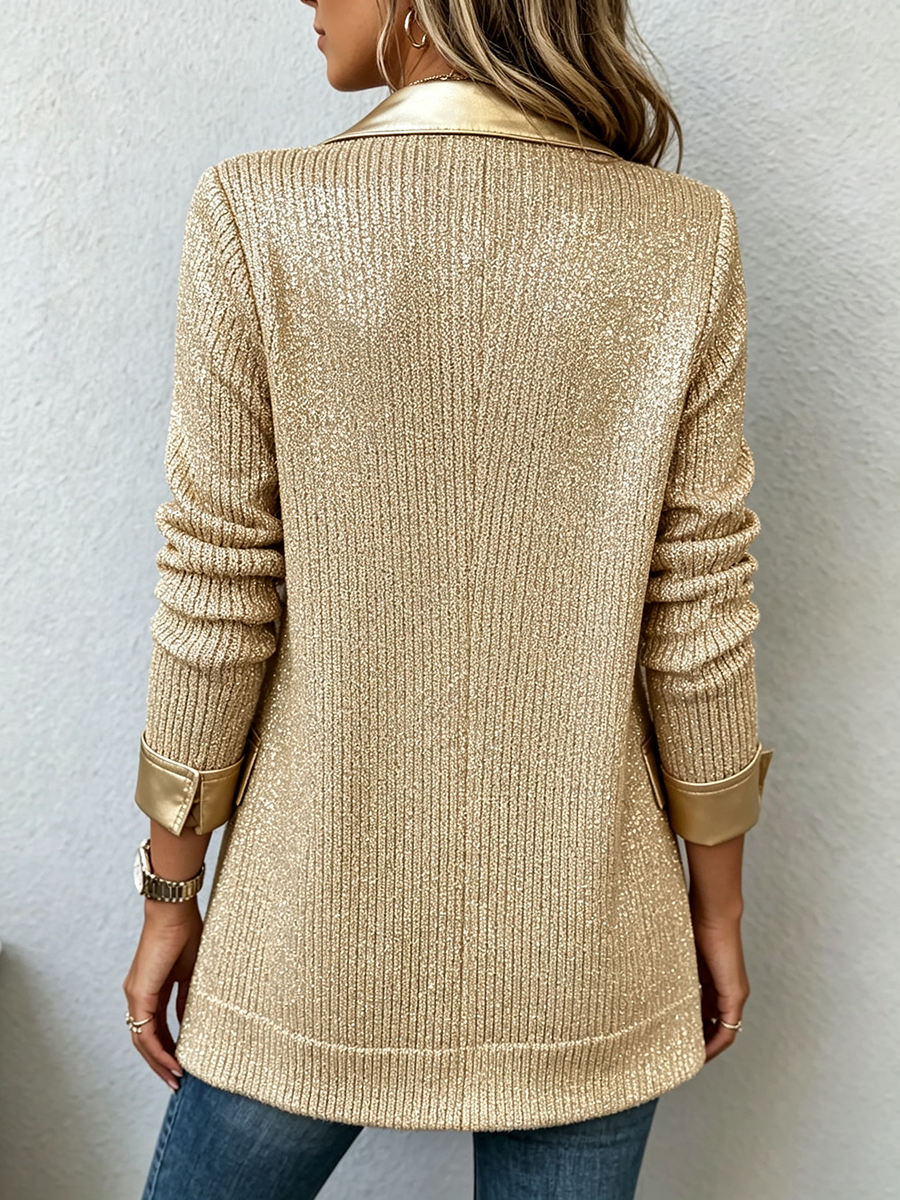 Emily | Metallic Knit Blazer With Faux Leather Trim