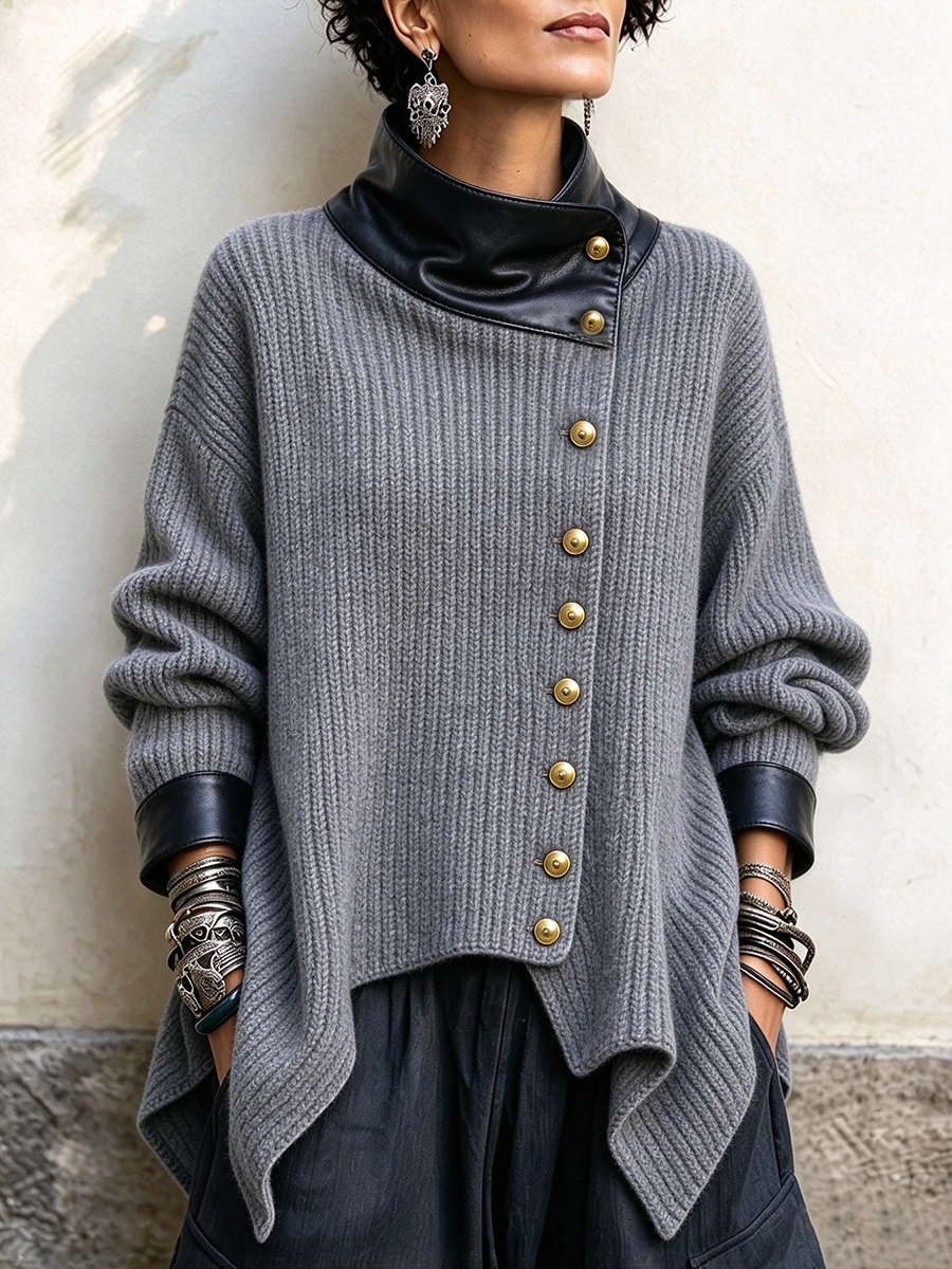 Oliviana | Faux Leather Trim Knit Cardigan Jacket