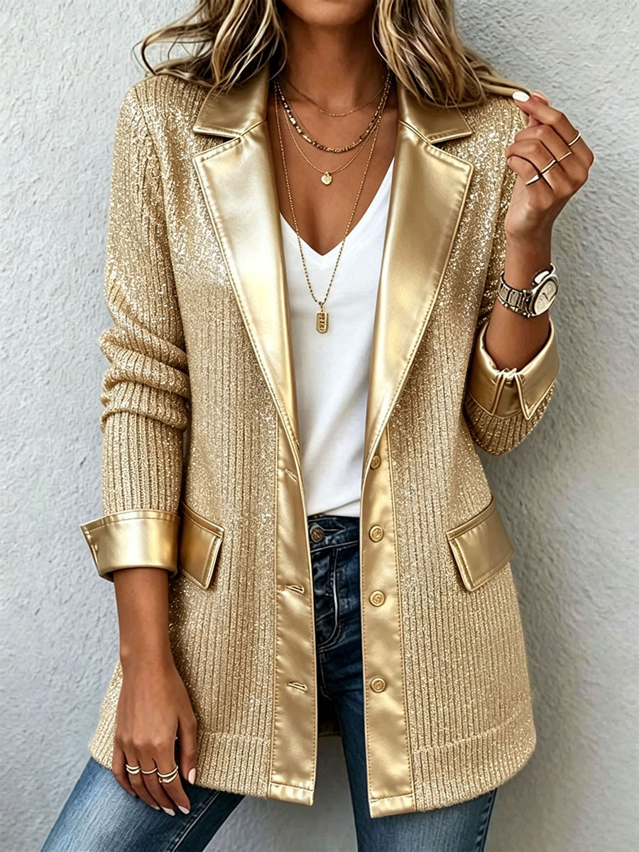 Emily | Metallic Knit Blazer With Faux Leather Trim