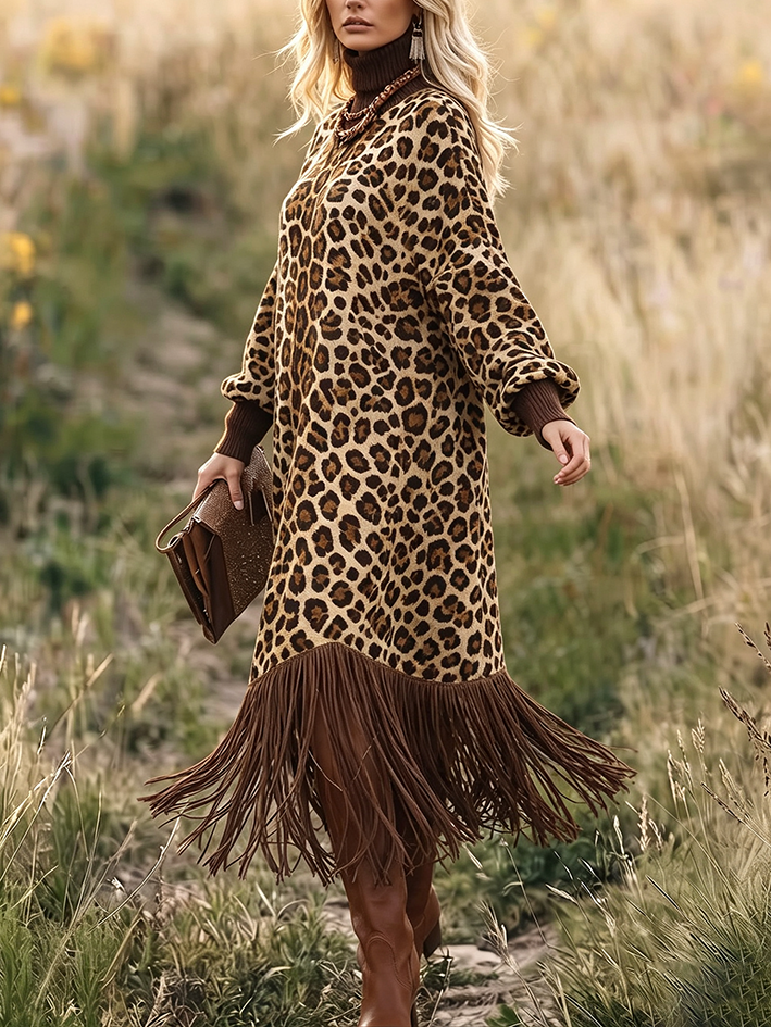 Marry | Leopard Print Dress With Fringe Hem